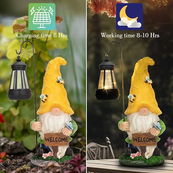 Solar Large Garden Gnomes Outdoor Statues with Lantern Light, Welcome Gnome Garden Outdoor Decor Gift Waterproof Decoration for Patio, Balcony, Yard Ornament Mom Gift