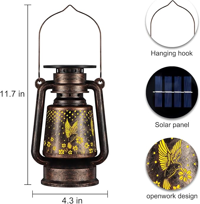 Solar Lantern Outdoor Hanging Vintage LED Waterproof Camping Light with Beautiful Graphics Landscape Decor for Yard,Patio,Porch,Lawn,Tabletop(02 - Hummingbird)