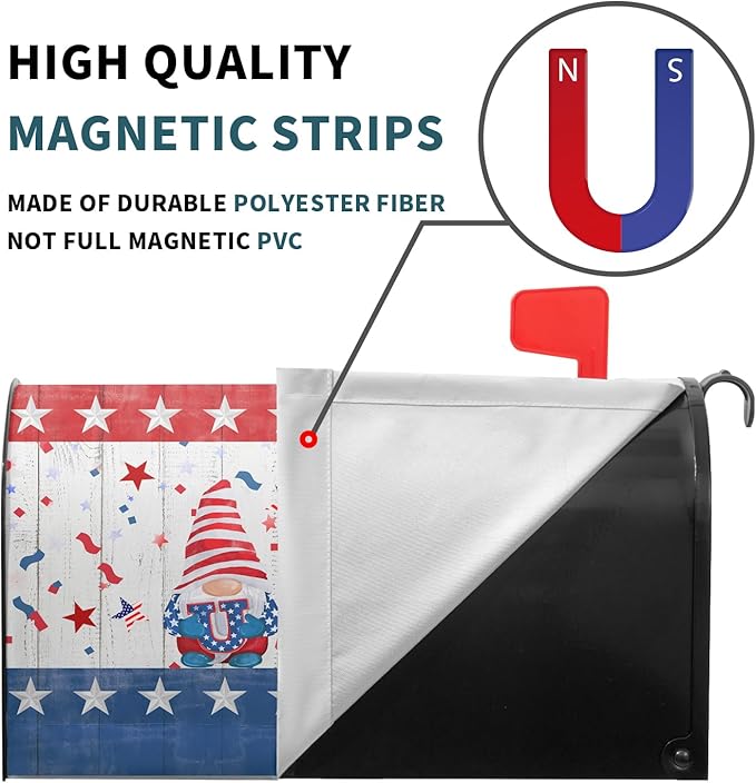 Patriotic Gnomes Mailbox Cover Magnetic 4th of July Elf USA Stars Independence Day Mailbox Wrap Post Cover Large Size 25.5"x21" for Garden Yard Outdoor Outside Holiday Decor