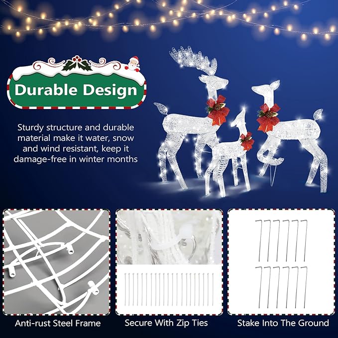 VINGLI Lighted Reindeer Christmas Decoration 3-Piece Deer Family Set for Outdoor Decor, Pre-lit 270 LED Christmas Deers for Outdoors Yard Ornament with Stakes, Zip Ties-White