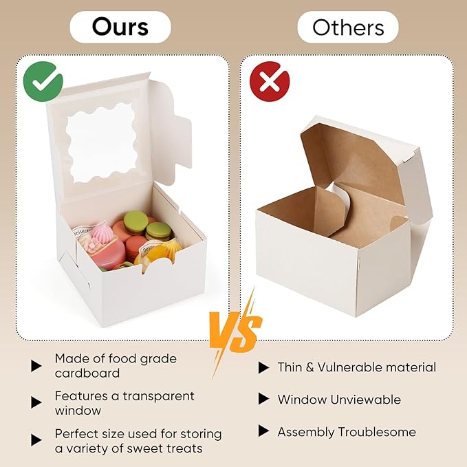 50 Pack Cookie Boxes with Window, 4x4x2.5 Inch White Bakery Box, Kraft Paper Treat Boxes for Pastries, Cookies, Pie, Donuts, Macaron, Strawberry Boxes withTag