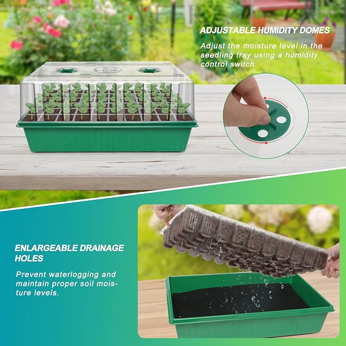 GOOINMILL Self-Watering Seed Starter Tray with Timed Grow Light, 2 Pack 120 Cells Plant Starter Tray Seedling Starter Kit with Humidity Domes Base Indoor Mini Greenhouse Plant Germination Trays