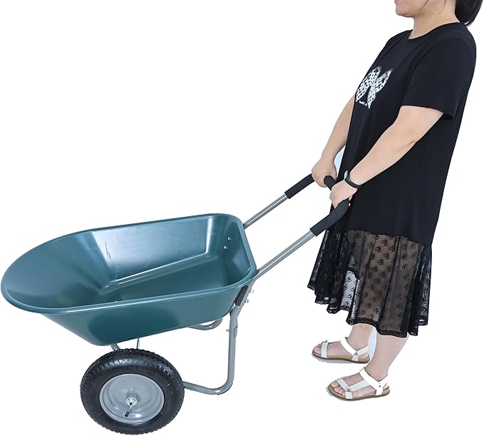 Red Metal Wheelbarrow, Easy Loading and Dumping Garden Cart with Steel Tray, Durable Heavy Duty Utility Trolley for Transporting, Soil, Sand (Green, 15 inch Inflation 2 Wheels)