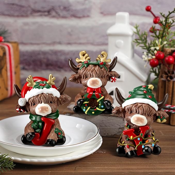Karenhi 3 Pcs Joy Christmas Highland Cow Figurines Xmas Highland Cow Gnomes Herd Scottish Resin Statue Calf Lovers Gifts for Home Garden Kitchen Office Tiered Tray Table Decor