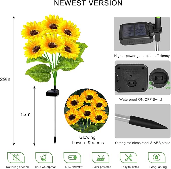 6 Pack Solar Sunflower Garden Lights 36 Vibrant Sunflowers LED Outdoor Decorative Stake Lights for Yard, Patio, Lawn, Pathway, IP65 Waterproof, Gardening Gift for Mom, Grandma, and Friends
