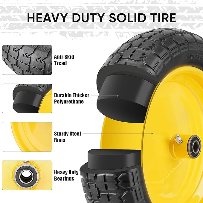 TICONN 4.80/4.00-8 Tire, 14.5" Flat Free Wheelbarrow Tire and Wheel, Solid Replacement Tires, 5/8" 3/4" Bearings, Universal Fit 4.80/4.00-8, 3.50/3.00-8, 4.00-6 (14.5" Yellow, 2PK)