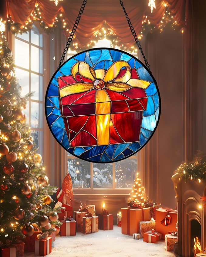 Stained Glass Window Hanging - Gold Red Gift Box Suncatcher for Doors Home Christmas Decoration Sun Catcher Thanksgiving New Year Birthday Gifts for Friend Women Men Mom Nana 15 in