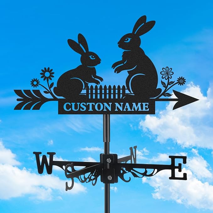 Personalized Rabbits Metal Weather Vane, Custom Family Name Weathervane, Wind Direction Indicator, Weather Vanes Roof Mount, Wind Vane Outdoor Decor for Farmhouse Garden Patio, Housewarming Gifts