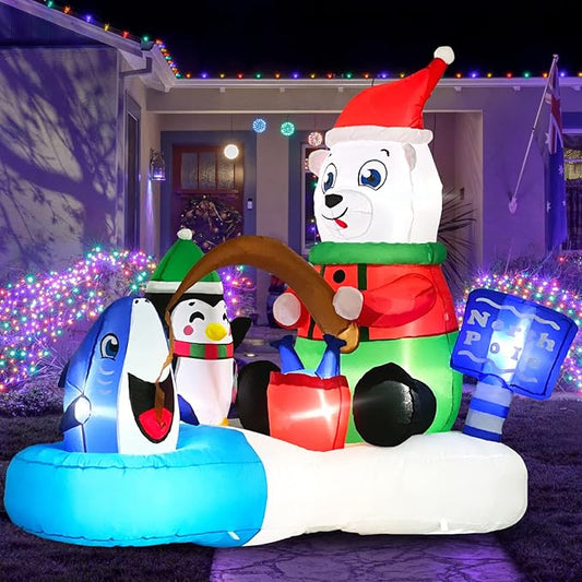 Christmas 5FT Giant Inflatables Outdoor Decorations Polar Bear Fishing with Penguin Blow UpCute Led Lighted Inflatable Yard Decor for Indoor Outside Lawn Garden Winter Xmas Holiday Vacation