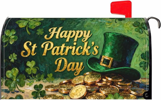 Happy St. Patrick's Day Mailbox Covers Magnetic Standard Size Green Shamrock Hat Gold Coin Print Saint Patricks Holiday Outdoor Decorative Letter Box Cases for Home Garden Outside Decor, 21x18 Inch