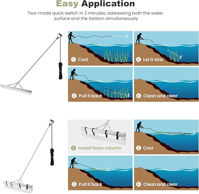 Landscape Rake, 36" Aluminum Heavy Duty Lake Weed Rake, Multifunctional Detachable Aquatic with 134'' Extension Handle & 20Ft Rope, for Weed Algae Removal Loosening Soil Lawn Garden Care