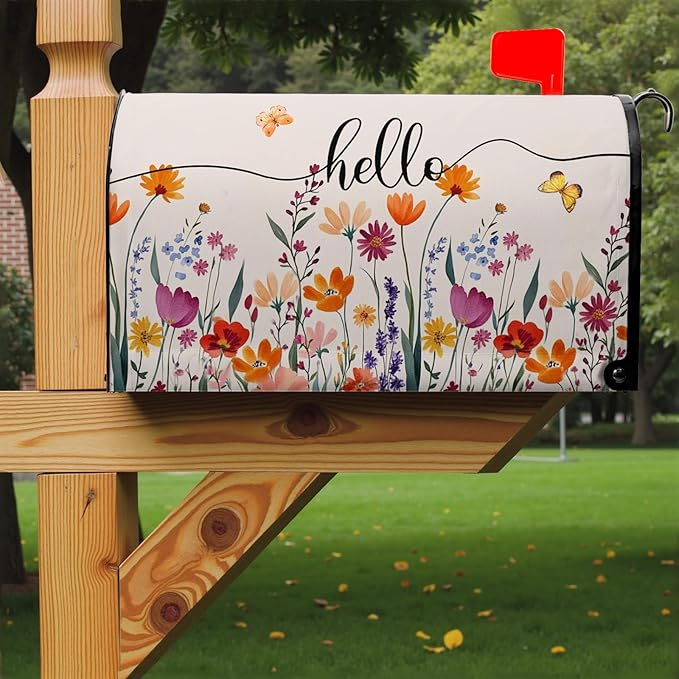 Hello Floral Mailbox Cover Summer Orange Flower Mailbox Covers Magnetic 25.5x21 inch Fall Watercolor Flowers Post Letter Box Cover Home Decor Outdoor Yard Decoration for Garden
