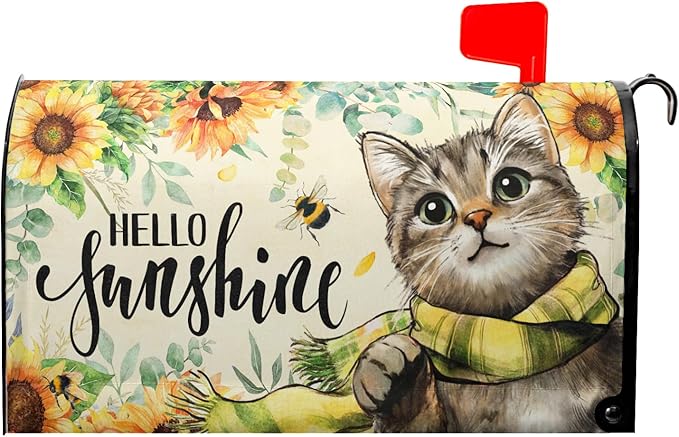 Hello Sunshine Cat Magnetic Mailbox Cover for Garden Yard, Summer Sunflowers Bee Kitten Waterproof Mailbox Wrap Post Cover for Outdoor Outside Patio Decor, Large Size 25.5x21 Inch