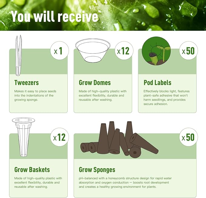 125 pcs Hydroponic Pods – Compatible with AeroGarden, iDOO Indoor Hydroponic Growing Systems. Includes: 50 Sponges, 50 Labels, 12 Baskets, 12 Clear Propagation Domes, +1 Plastic Tweezers