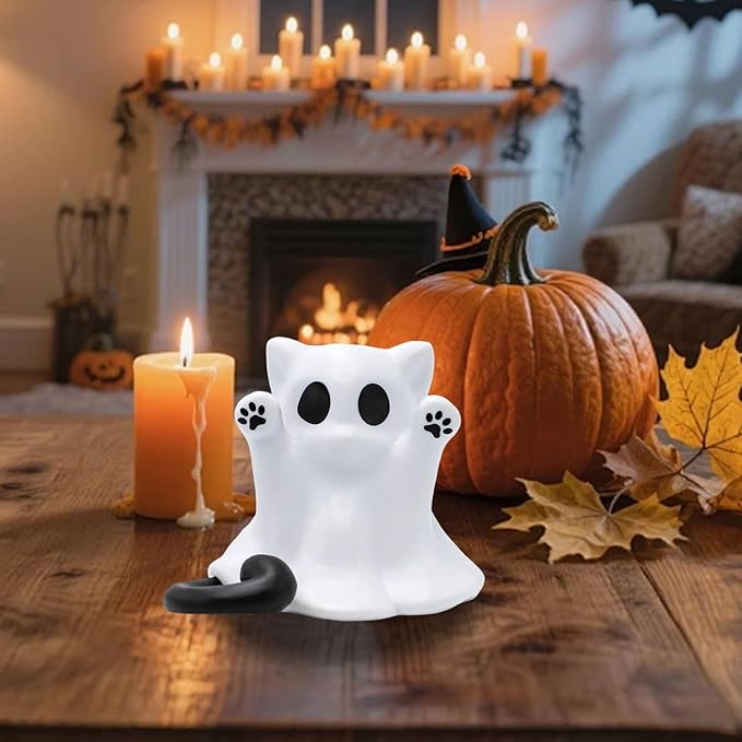 1 Pcs Halloween Ghost Figurine Cute Spooky Unique Cat Design Cartoon Mini Figurines Desk Ornament Decorations Indoor for Halloween Decor Home Table Bedroom Office Desktop Display Ornaments