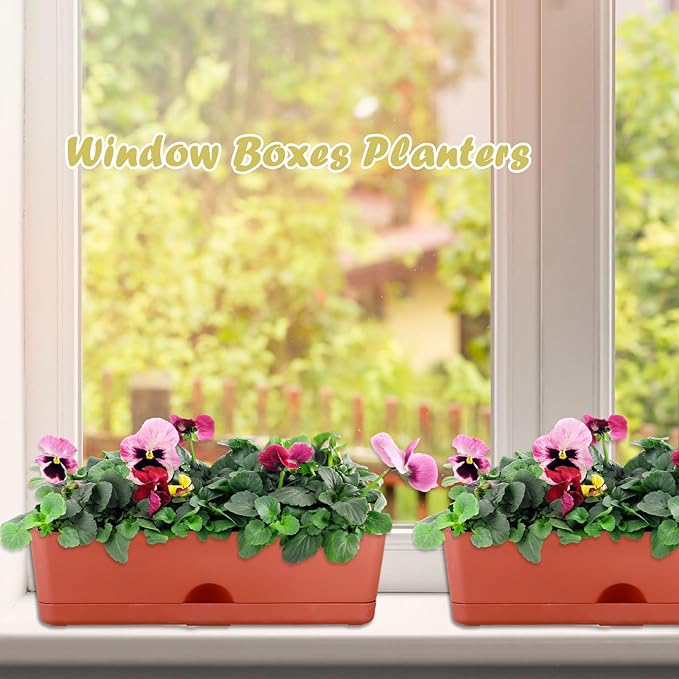 2-Pack Large Window Boxes Planters 16 Inch Rectangle Plant Box Rectangular Plant Pots for Outdoor and Indoor Plants Plastic Windowsill Planters for Herbs Vegetable Flowers Long Window Sill Plant Box