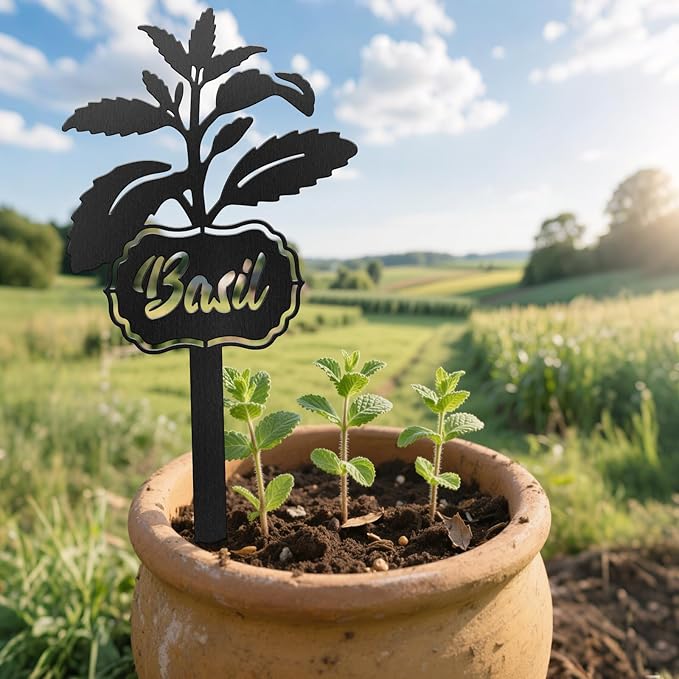 CUTHOLLOW Metal Plant Marker Stake Basil for Outdoor Indoor, Waterproof 11.8 inch Cute Garden Plant Labels Sign Tag for Vegetables, Farmhouse Greenhouse Decor - Funny Gardening Gifts
