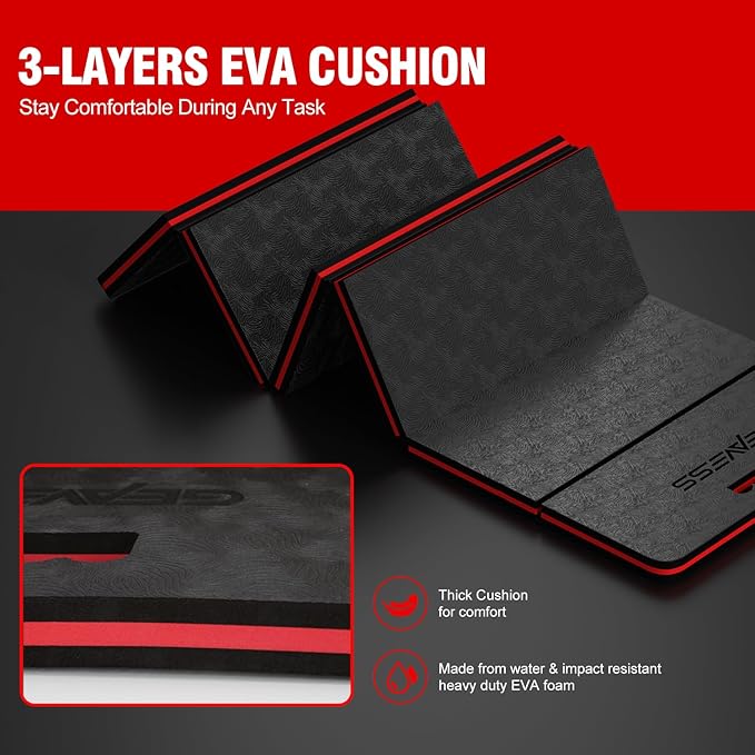 1.1" Extra Thick Foldable Kneeling Pad Mechanic Mat with Handle & Belt, Soft Foam Knee Cushion for Gardening, Garage Work, Workshop Repairing, Yardwork (47.2" x 15.7", Black & Red)