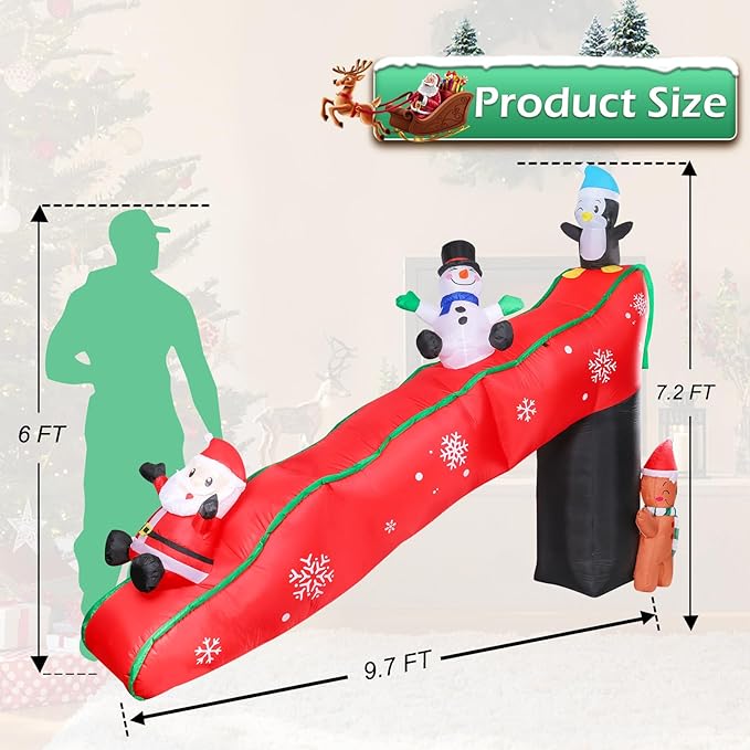 9.7 Ft Long Christmas Inflatables Christmas Blow Up Yard Decorations Christmas Inflatable Santa Clause Snowman Penguin Gingerbread Man Play on Slide Lighted Up Yard Lawn Garden Home Party Decor