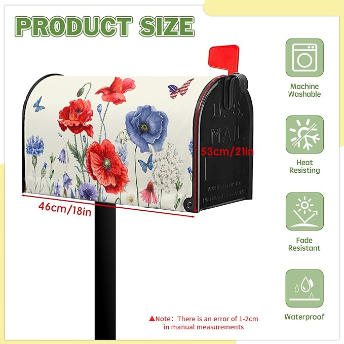 Red Blue Floral Mailbox Covers 4th of July Mail Box Covers Magnetic Standard Size 21x18 inch Patriotic Butterfly Flower Post Letter Box Cover Wrap Decorative Mailboxes for Outside Garden