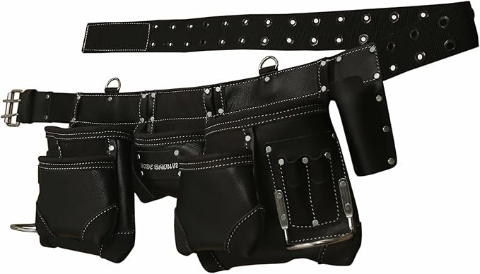 Professional Leather Tool Belt, Black, Multi-Pocket Construction Pouch with Metal Buckle, Heavy Duty Carpenter Framer Handyman Belt