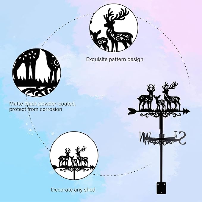 Deer Family Weathervane Metal Wind Vane Arrow Weathercock Garden Decoration Wind Direction Indicator Stake Roof Mount Ornament for Farmhouse Yard Outdoor