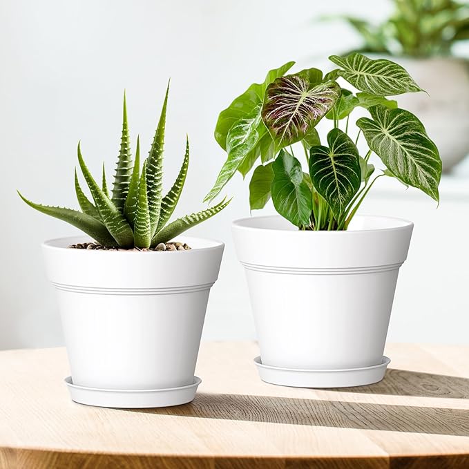 7 Inch Thick Plastic Plant Pots with Drainage Holes and Trays – 6 Pack Nursery Pots for Indoor & Outdoor House Plants, Seedling Starter Planters for Garden Flowers, White