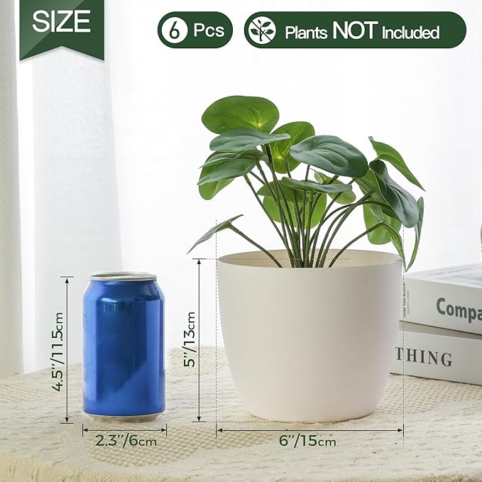T4U 6 Inch Self Watering Planters Plastic Plant Pot, Modern Decorative Flower Pot/Window Box for All House Plants, Flowers, Herbs, African Violets, Succulents - White, Set of 6