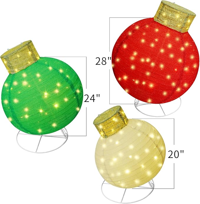 Giant Lighted Pop-Up Christmas Ornaments for Outdoor Display, 3-Piece Holiday Ball Decorations with 240 LEDs, Red/Green/White for Yard or Lawn