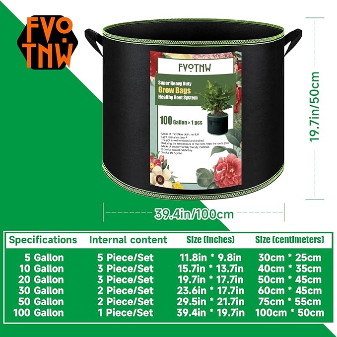 1-Pack 100 Gallon Plant Grow Bags, Thickened Nonwoven Fabric Pots with Handles,Durable Garden Planters Aeration Gardening Container to for Plants, Vegetables, and Flowers