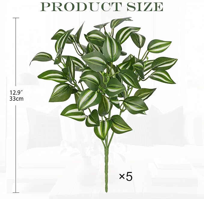 Hollyone 5 Bundles Artificial Greenery Plants Stems Faux Wandering Jew Leaves Plant Bouquet Fillers for Arrangement, Fake Shrub Bushes Plants for Home Centerpiece Indoor Outdoor Garden Patio Porch