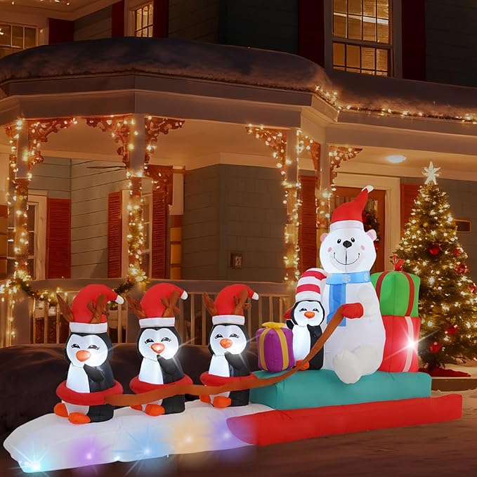 10FT Penguin Pulling a Polar Bear On a Sleigh Christmas Outdoor Inflatable Decoration, Built-in LED Lights and Flashing Lights, Suitable for Christmas Lawns, Gardens, and Courtyards