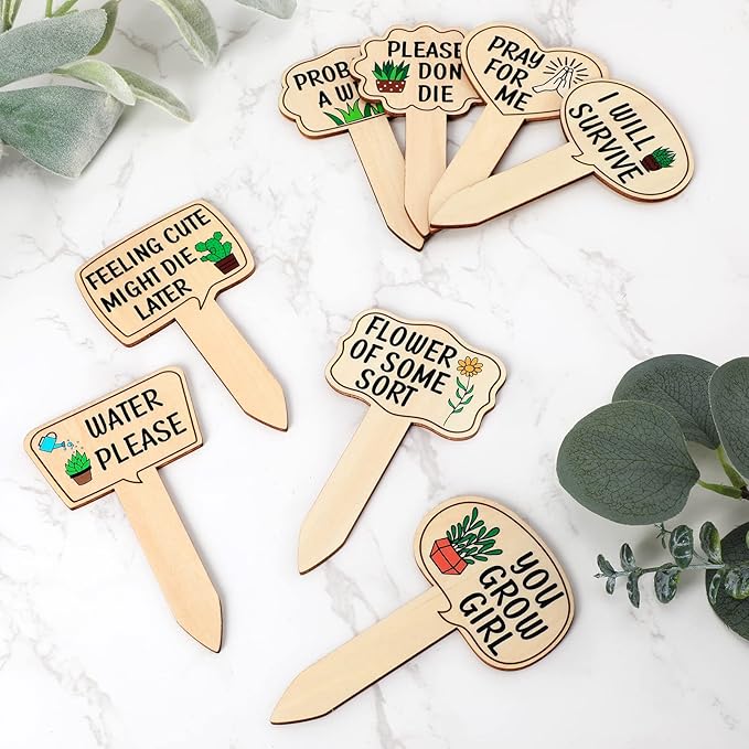 Huray Rayho Funny Wooden Plant Markers for Succulent Flowers Greenery Plants Tags 15-Pack Waterproof Wood Plant Labels Outdoor Indoor Patio Supplies Garden Stakes for Potted Plant Novelty Gifts