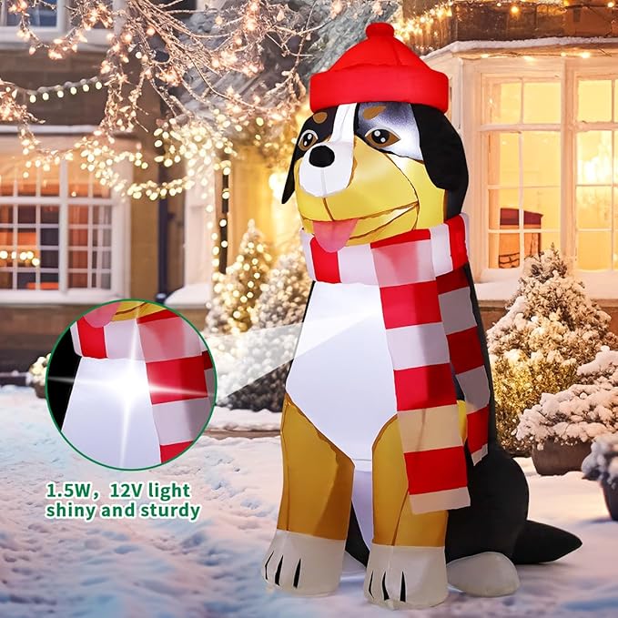 COMIN 4.5 FT Christmas Decorations Outdoor Inflatables Dog Christmas Scarf Blow Ups with Built-in LEDs for Yard Party Lawn Decor