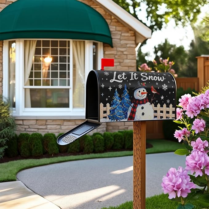 Christmas Snowman Mailbox Covers Magnetic Standard Size Black Blue Xmas Tree Snowflake Cardinal Holiday Outdoor Decorative Letter Box Cases for Home Garden Outside Decor, 21x18 Inch