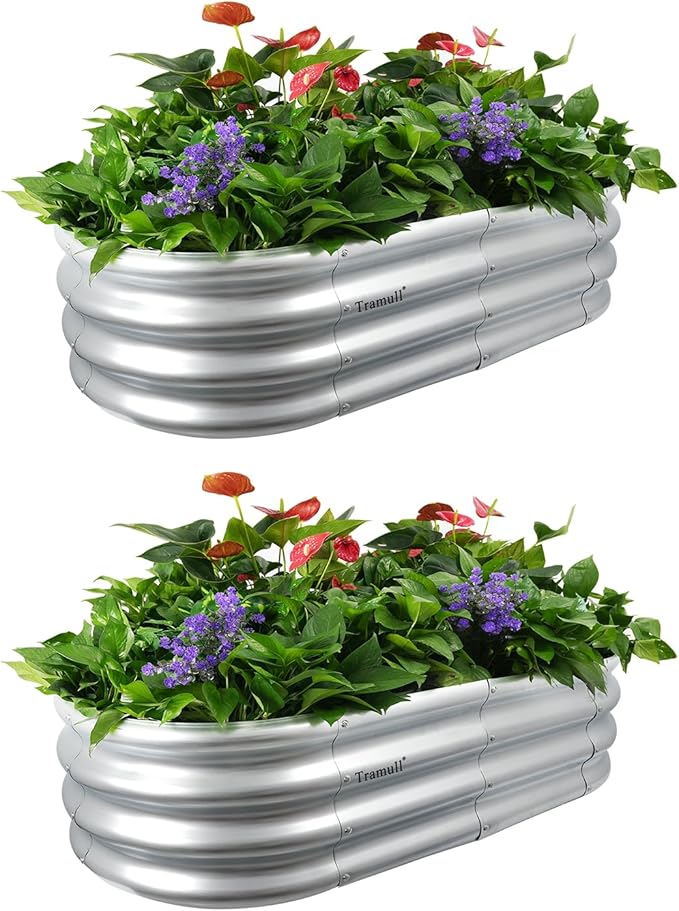 2-Pack 4x2x1FT Galvanized Raised Garden Bed Kit Oval Metal Ground Planter Box Outdoor Bottomless Planter Raised Beds for Vegetables Flowers Herbs Fruits, Silver