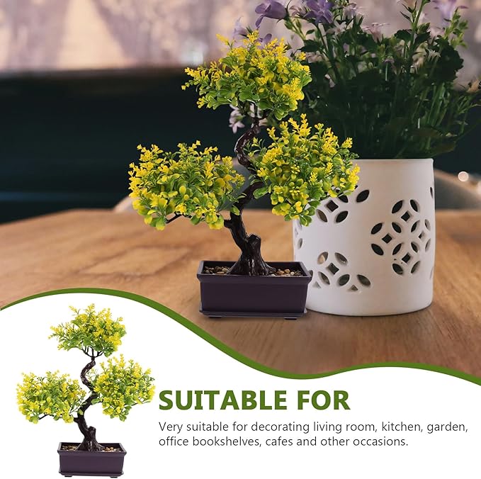 Cabilock Artificial Bonsai Tree, Fake Potted Bonsai Plants Decoration, Simulation Faux Plants Decor, Desktop Realistic Welcoming Pine Ornament for Home Office Entryway Chests Decor, Yellow