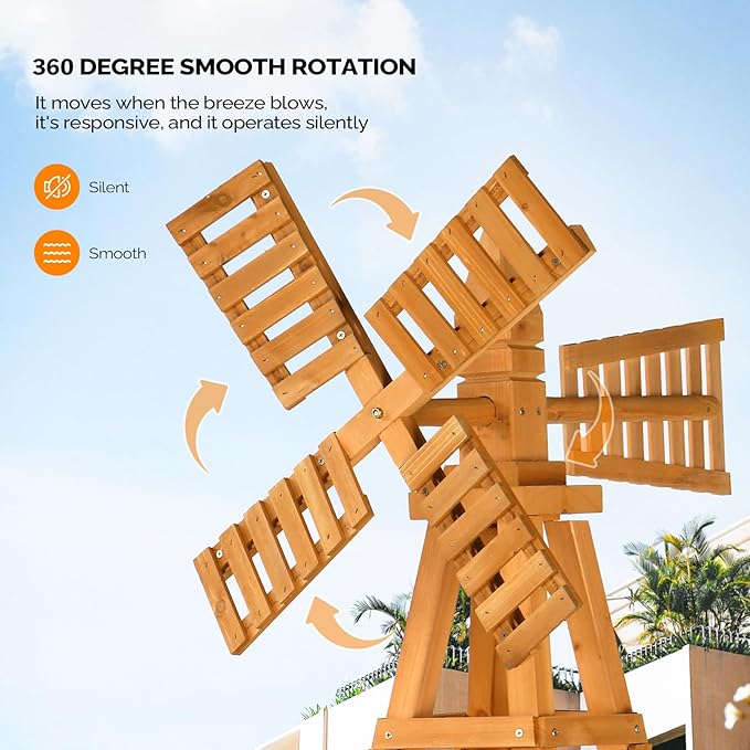Wooden Windmill, Weather-Proof Wind Spinner, Outdoor Wind Mill for Garden Lawn Patio Decoration (Teak, Large)