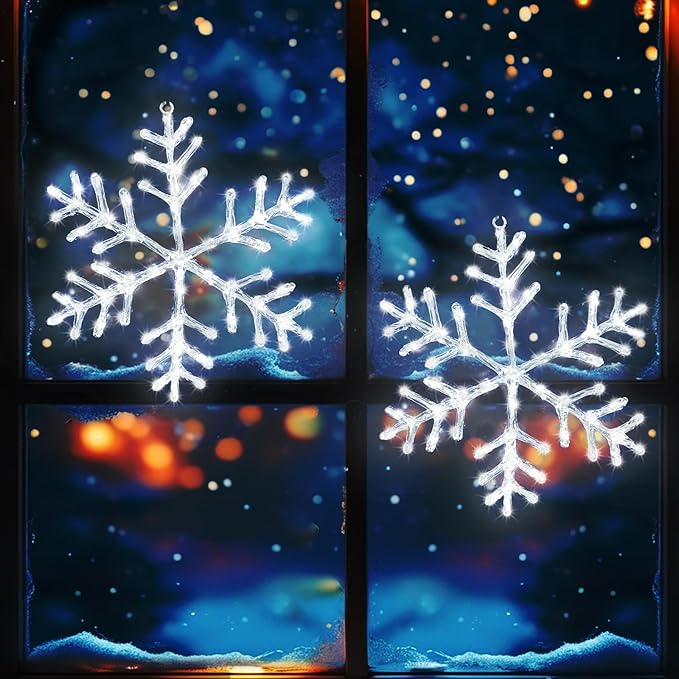Christmas Decorations, 2 Pack Christmas Window Lights Snowflake Decorations, Snowflake Lights with 8 Lighting Modes for Holiday Indoor and Outdoor Wall Door Glass Decoration(White)