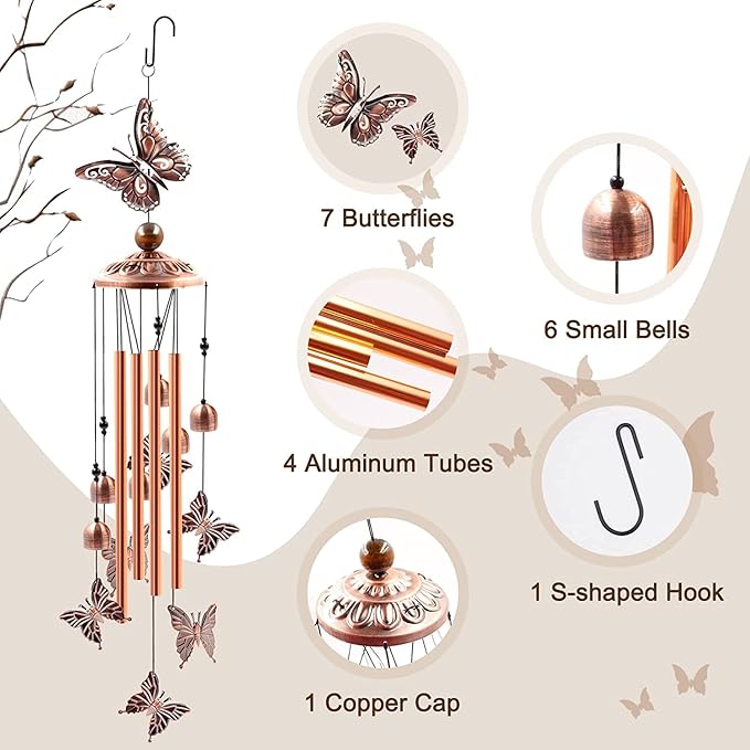 Butterfly Wind Chimes for Outside,34 inch Length Memorial Butterfly Wind Chime with 4 Large Aluminum Tubes & S Hook,Indoor Outdoor Decor Hanging Wind Catcher Bell for Home,Garden,Patio,Backyard,Porch