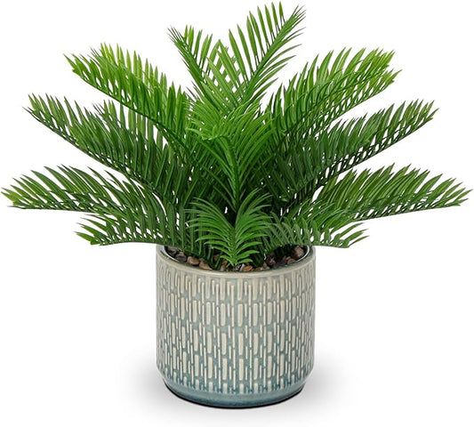 DILATATA Faux Plant Indoor in Ceramic Pot 13" Artificial Potted Sago Palm Fake House Plants for Desk Office Bathroom Garden Decoration