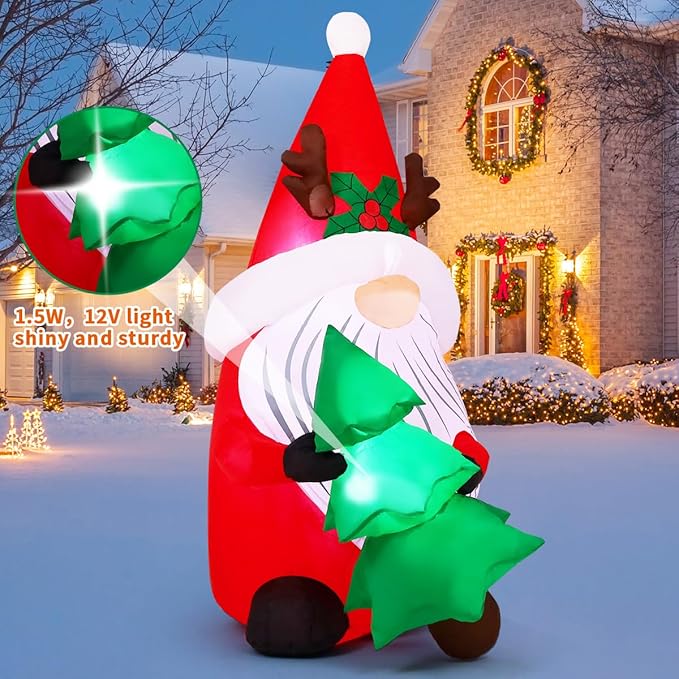 COMIN 5.2 FT Christmas Inflatables Outdoor Decorations Inflatable Gnomes Hold Christmas Tree Blow Ups with Built-in LEDs for Yard Party Lawn Decor