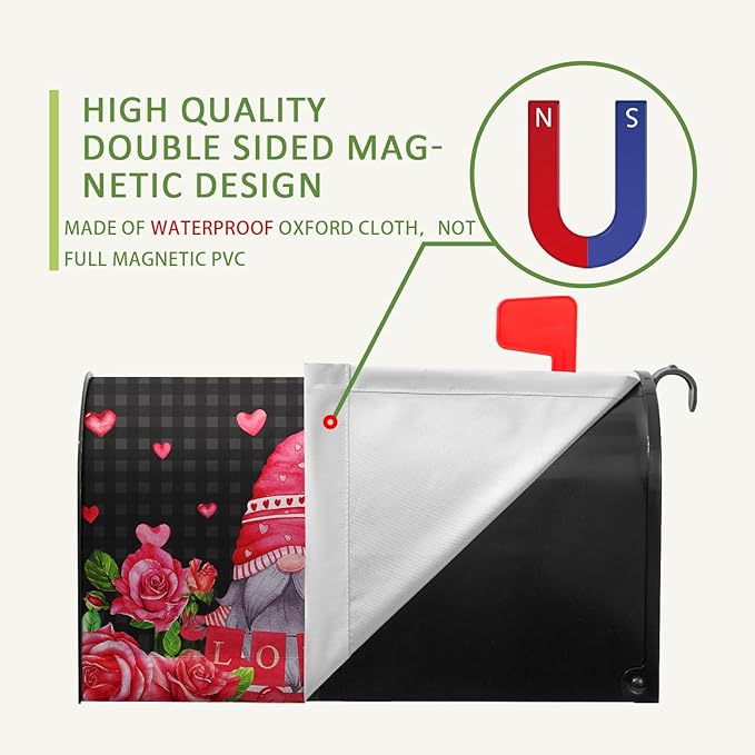 Valentine's Day Gnomes Magnetic Mailbox Cover - Love Hearts, Oversized Red Rose, Buffalo Plaid Humor Letter Post Box Wrap - Large Size 25.5 X 21 Inch