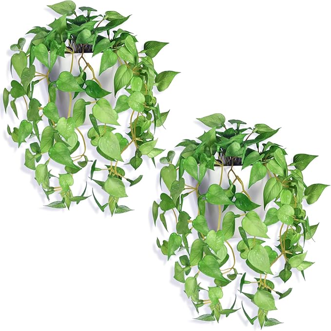 Artificial Hanging Potted Plants Set of 2, Fake Eucalyptus Vine Plant with Half Pot Planters, Medium Faux Greenery for Wall Home Room Indoor Outdoor Decor