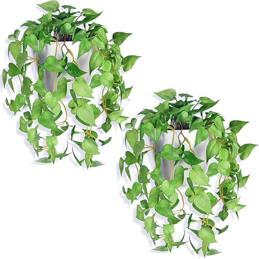 Artificial Hanging Potted Plants Set of 2, Fake Eucalyptus Vine Plant with Half Pot Planters, Medium Faux Greenery for Wall Home Room Indoor Outdoor Decor
