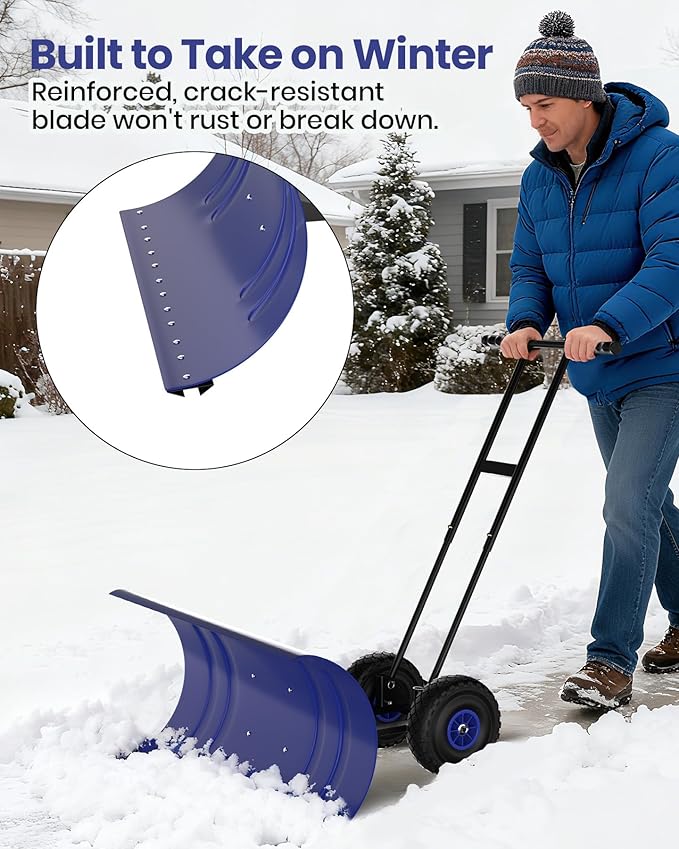 Snow Pusher with Wheels for Driveway, 36" Wide Heavy Duty Steel Blade, 7-Position Angle Adjustment & 60° Tilt Handle, Ergonomic Push Snow Shovel with Ground Protection for Effortless Snow Removal