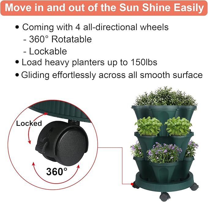 GameXcel Vertical Planter 3 Tier Stackable Planters Garden Planters Strawberry Herb Flower and Vegetable Planter Indoor Outdoor Gardening Pots with Removable Wheels and Tools