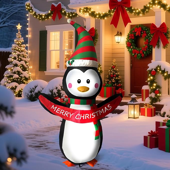 HONGLAND 4 FT Christmas Inflatables Giant Penguin Outdoor Decorations, Built-in Bright LED Light with Merry Christmas Sign, Weatherproof Holiday for Garden Lawn Patio Party Xmas Gifts