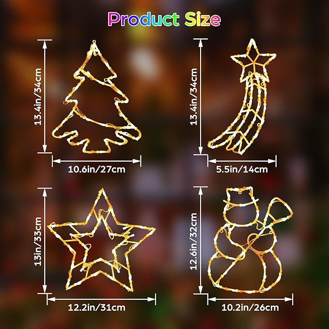 4 Pack Smart Christmas Window Lights, Window Silhouette Lights, Christmas Decorations Indoor,Custom & Preset Modes,APP Control Snowman, Meteor, Christmas Tree, Star for Door Glass