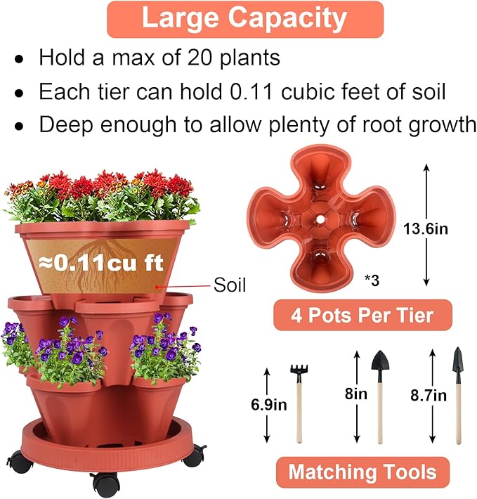 GameXcel Vertical Planter 3 Tier Stackable Planters Garden Planters Strawberry Herb Flower and Vegetable Planter Indoor Outdoor Gardening Pots with Removable Wheels and Tools 2-Pack
